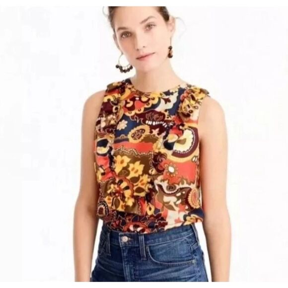 J Crew Paisley Silk Blouse 4 Brown Orange Ruffle Sleeveless Back Button Office - Picture 2 of 9
